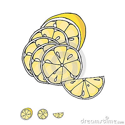 Sliced â€‹â€‹lemon watercolor image yellow fruit stock vector illustration black outline design element Vector Illustration